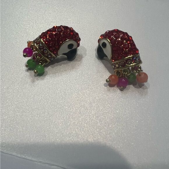Betsey Johnson Tropical Punch Red Crystal Parrot Bird Head Shaky Bead Earrings - Picture 4 of 4